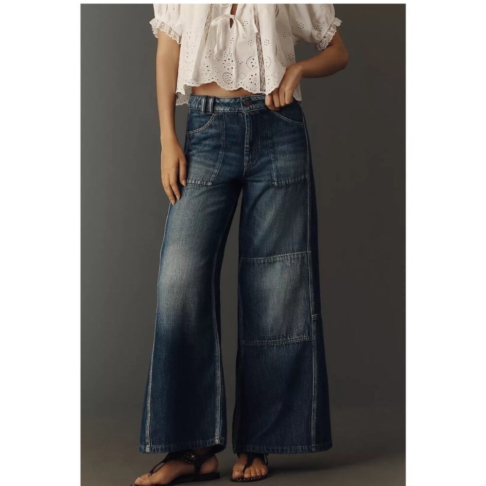 Anthropologie Pilcro Adi Reworked Wide Leg Jeans Womens 26 Blue Patchwork EC